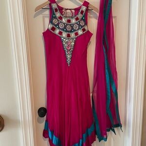 Elegant Pink and Teal Embellished Dress